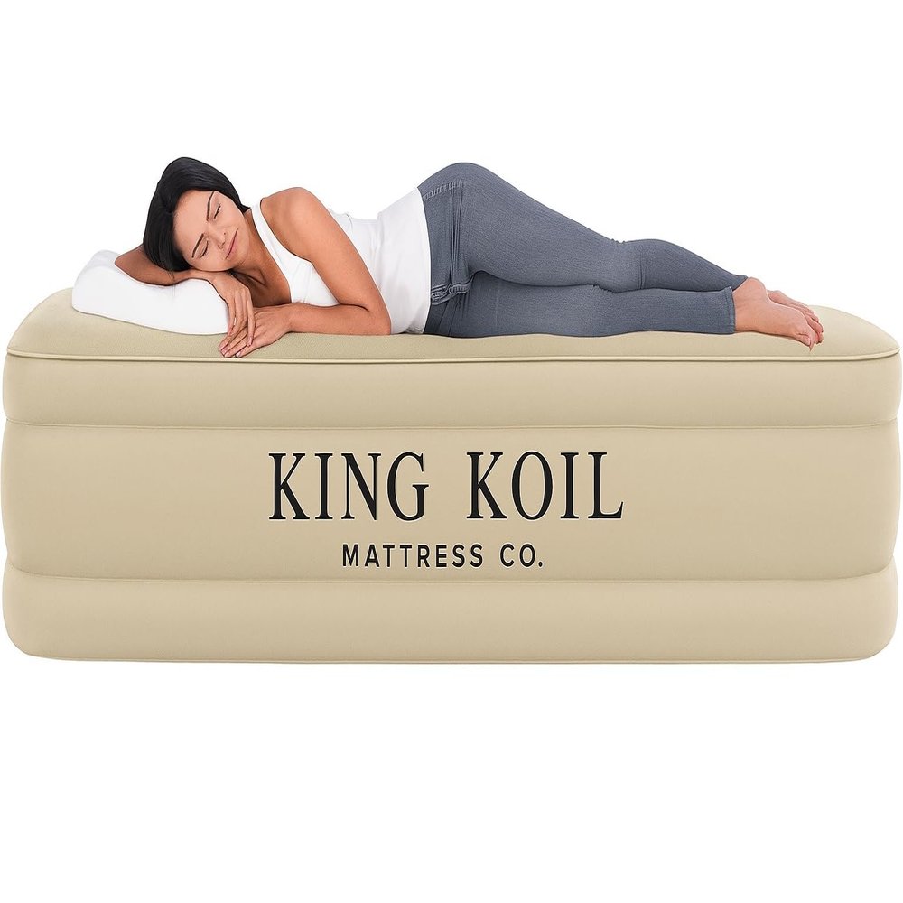 King Koil Luxury Queen Size Air Mattress with High-Speed Built-in Pump, Blow Up Bed Top Side Flocking, Puncture Resistant, 16in Double High Inflatable Airbed Guests or Travel 1-Year Warranty