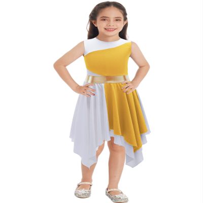 Oyolan Kids Girls One Shoulder Lyrical Praise Dance Dress Sleeveless Color Block Tunic Liturgical Worship Costume Yellow 16 Years