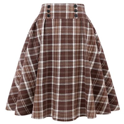 Plaid Skirt for Womens High Waist Aline Pleated Midi Skirts(Brown, S)