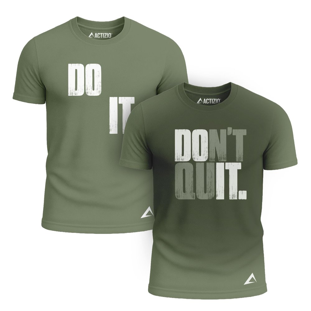 Actizio Men's Workout Shirt Performance Fabric T-Shirt Short Sleeve Sweat Activated Motivational Exercise Gym Athletic Fit Moisture Wicking Fitness Shirt - Do It Don't Quit - Army Green (Size L)