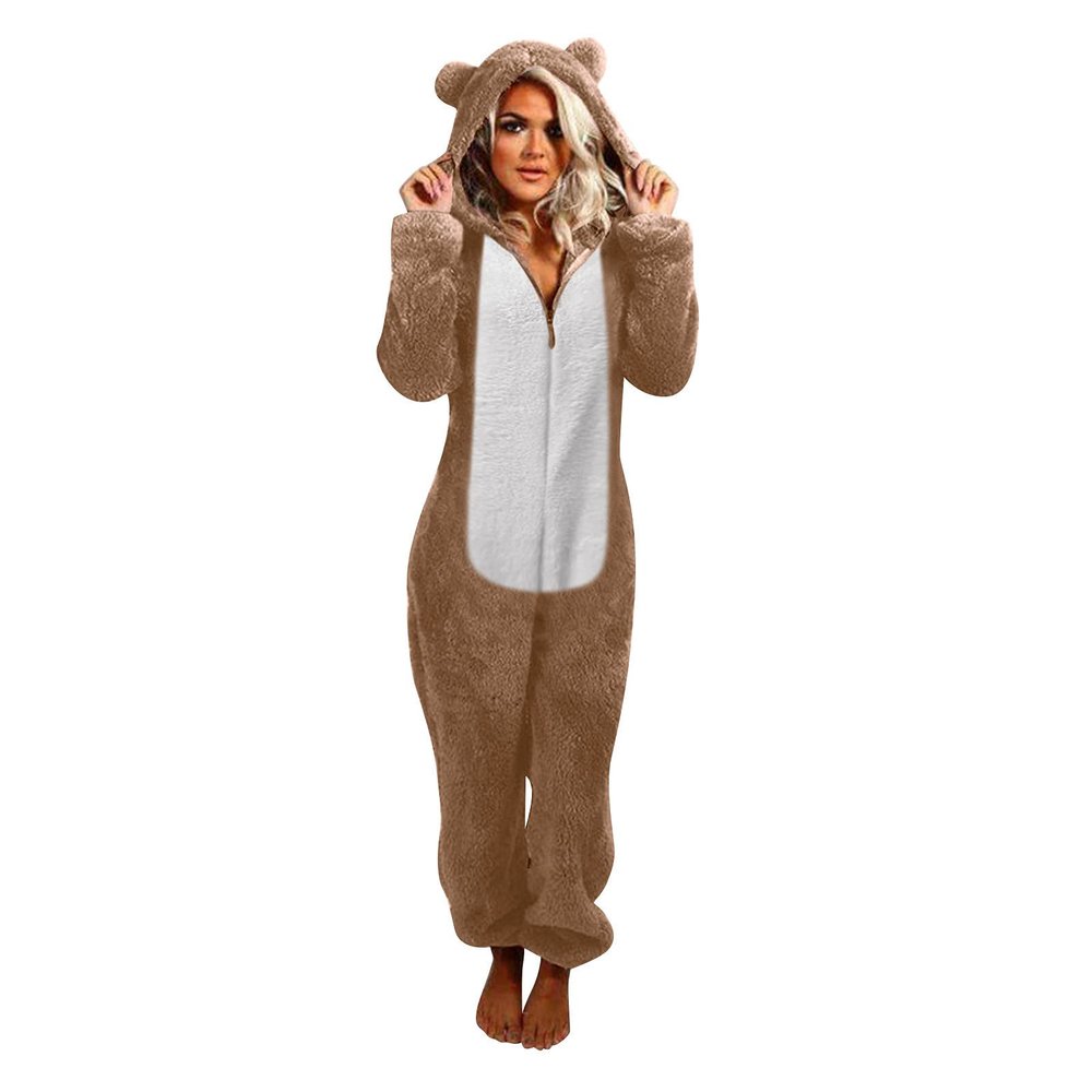 1 Piece Fleece Pajamas Sherpa Jumpsuit Women Women's Fuzzy Pajamas Long Sleeve Adult Cat Onesie Pajamas Winter Rompers Sleepwear