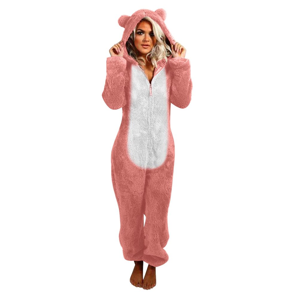 1 Piece Fleece Pajamas Sherpa Jumpsuit Women Women's Fuzzy Pajamas Long Sleeve Adult Cat Onesie Pajamas Winter Rompers Sleepwear