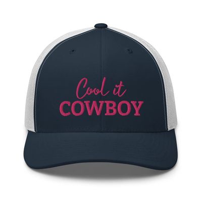 RIVEMUG Cool it Cowboy Trucker Hat, Adjustable Mesh Snapback Hat Navy/White