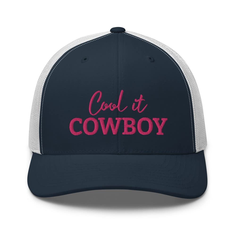 RIVEMUG Cool it Cowboy Trucker Hat, Adjustable Mesh Snapback Hat Navy/White