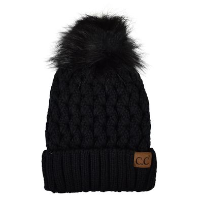 C.C Thick Cable Knit Faux Fuzzy Fur Pom Fleece Lined Skull Cap Cuff Beanie, Lattice Black