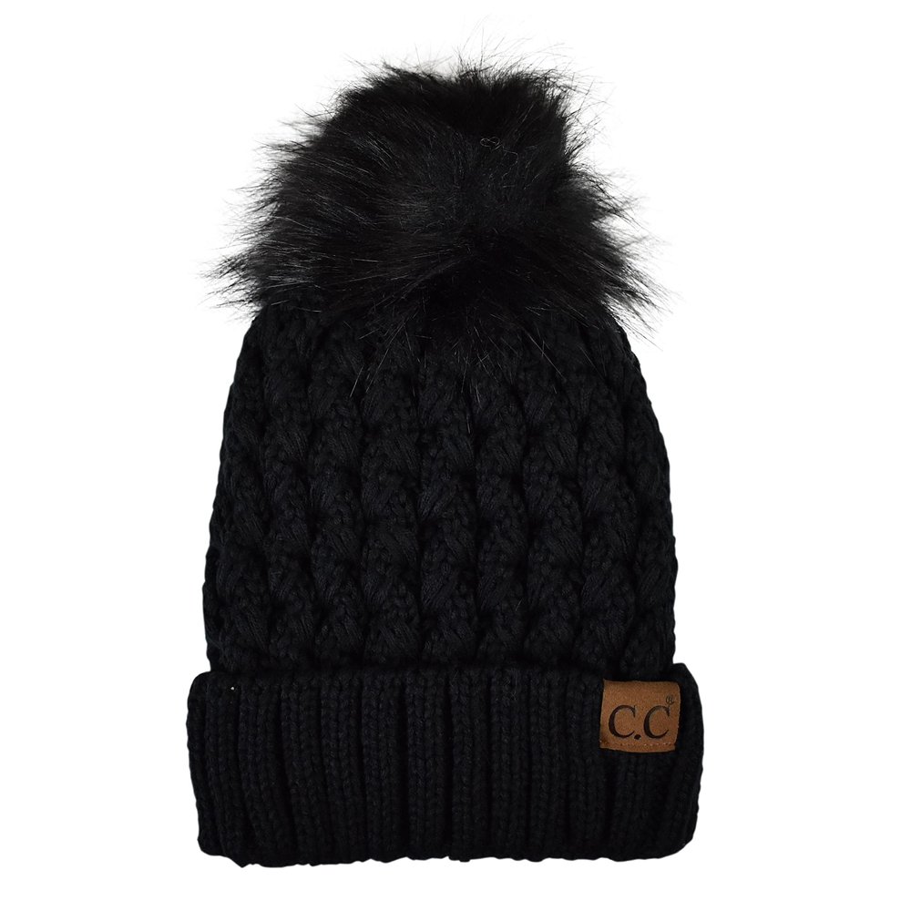 C.C Thick Cable Knit Faux Fuzzy Fur Pom Fleece Lined Skull Cap Cuff Beanie, Lattice Black