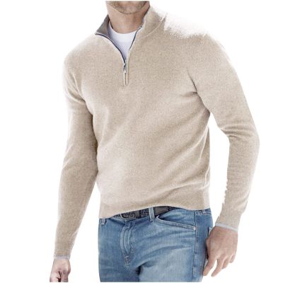 Men's Long-Sleeve Soft Touch Quarter-Zip Sweater Lightweight Casual Slim Fit Pullover Solid Mock Neck Polo Sweaters Beige