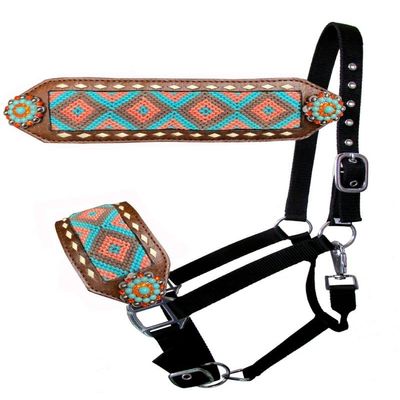 Showman Nylon Bronc Halter w/Teal & Coral Southwest Fabric Inlay