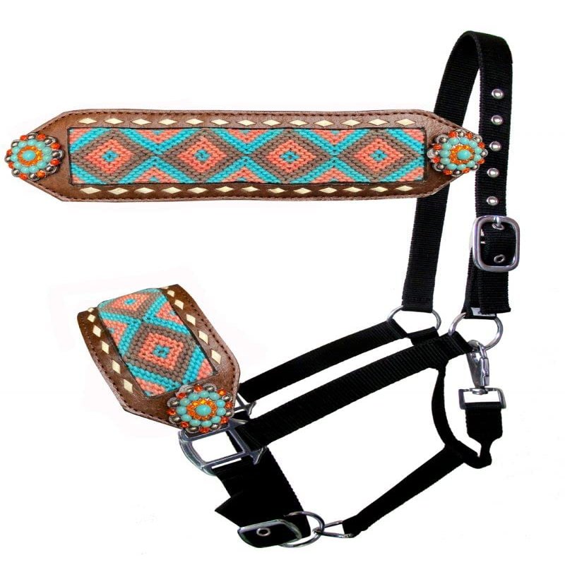 Showman Nylon Bronc Halter w/Teal & Coral Southwest Fabric Inlay