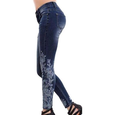 Maiyifu-GJ Women's Floral Embroidered Jeans Mid Rise Skinny Stretch Denim Pants Vintage Printed Slim Fit Tapered Leg Jean (Blue,Medium)