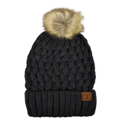C.C Thick Cable Knit Faux Fuzzy Fur Pom Fleece Lined Skull Cap Cuff Beanie, Lattice Charcoal