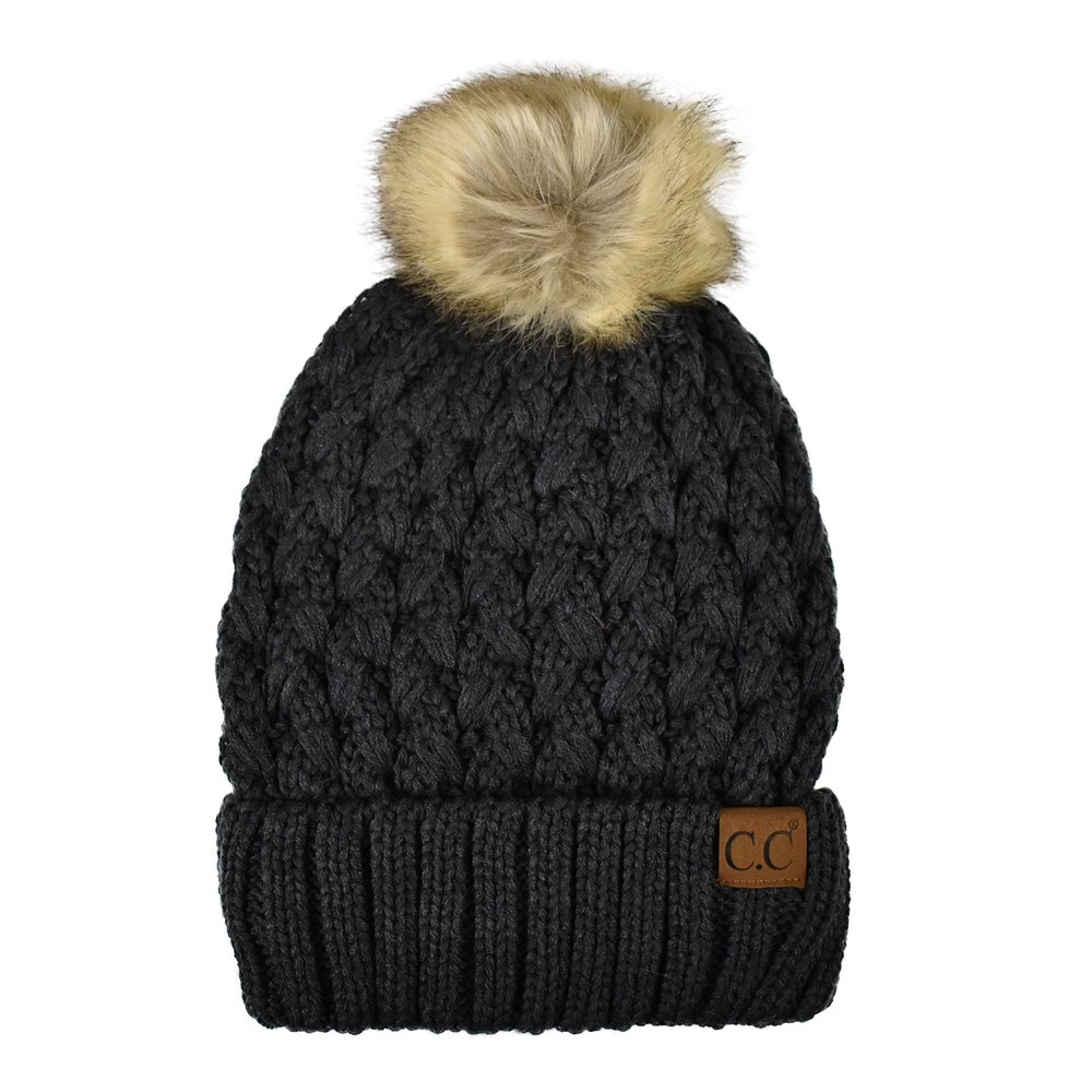 C.C Thick Cable Knit Faux Fuzzy Fur Pom Fleece Lined Skull Cap Cuff Beanie, Lattice Charcoal