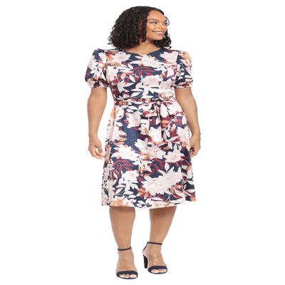 London Times Women's Dresses Puff Sleeve Satin Midi Tie Waist Office Shower Guest of Wedding