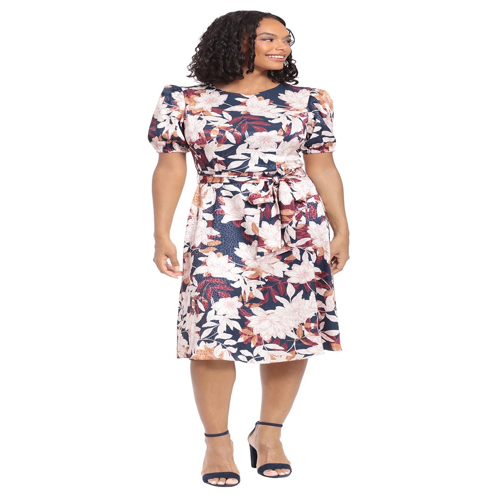 London Times Women's Dresses Puff Sleeve Satin Midi Tie Waist Office Shower Guest of Wedding