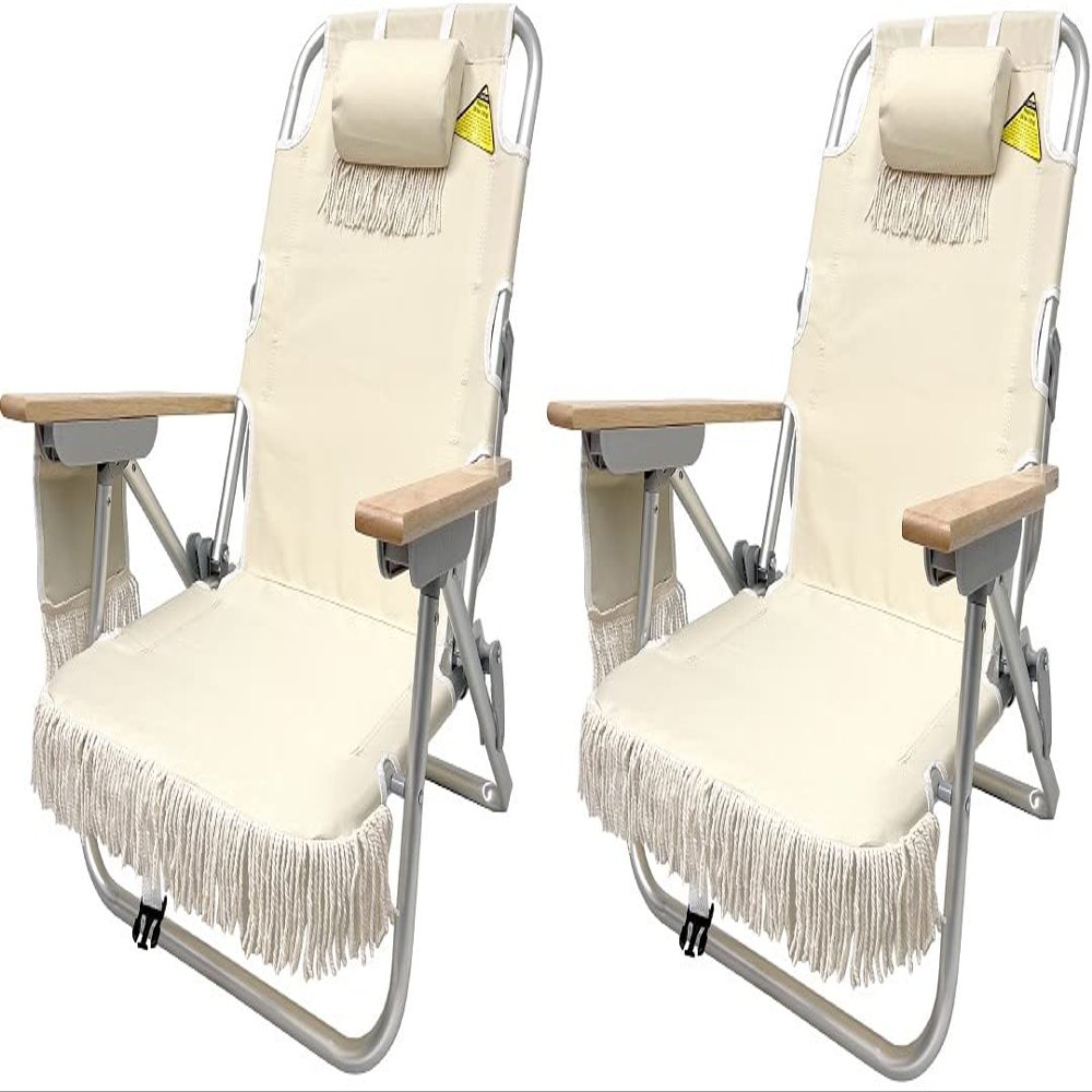 EasyGo Product Tassel Backpack Beach Chair 5 Positions and Cup Holder Pouch on Side-Padded Pillow-Storage Bag on Back  Lightweight Rustproof Aluminum  Black Frame, 2 Pack TAN