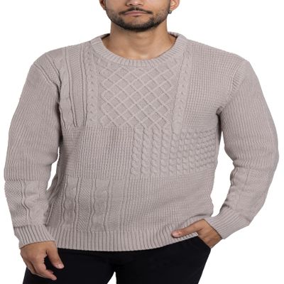 X RAY Mens Crew Neck Sweater, Cable Knit Crewneck Pullover Sweaters for Men, Vintage Mixed Stitch Sweatershirt, Sand, X-Large