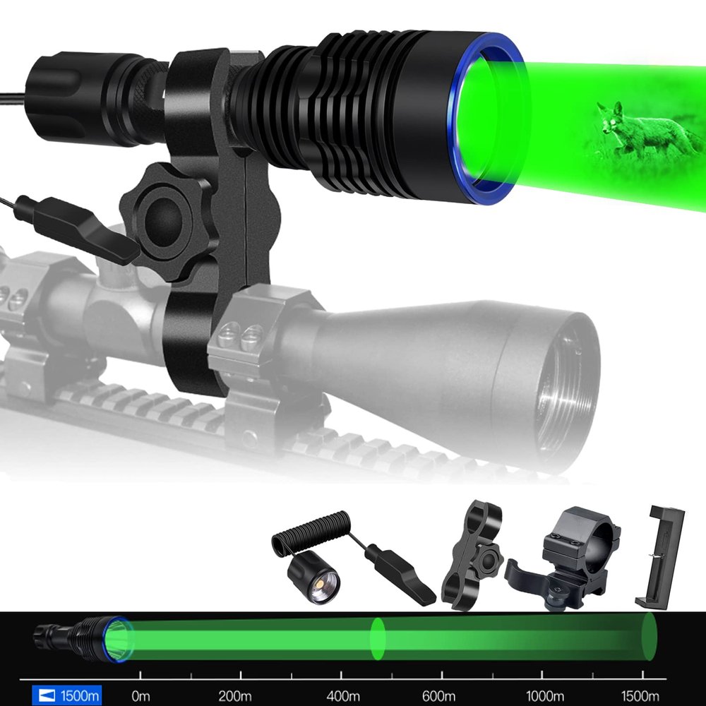 UltraFire 1917 Yard Green Hunting Light Single Mode LED Flashlight, 2200 High Lumen Varmint Predator Lights with Pressure Switch Picatinny Rail Mount Scope Mount for Hunting Night Observation GC20 PRO