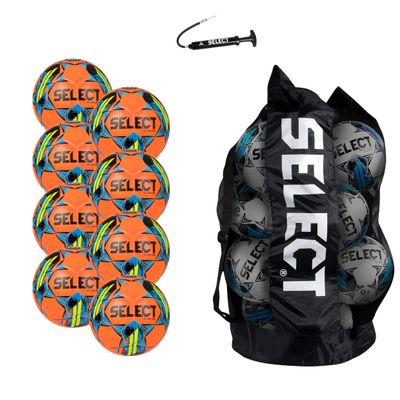 Select Club DB V22 Soccer Ball, 8-Ball Pack with Duffle Ball Bag and Hand Pump, Orange/Blue/Yellow, Size 4