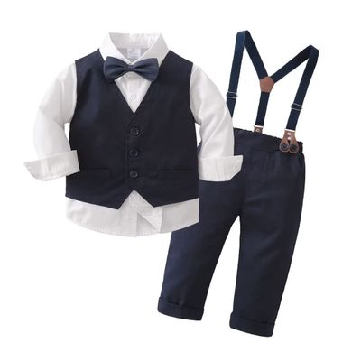 Tiepant Boys Long Sleeve Dress Shirt with Bowtie + Navy Blue Suspender Pants + Vest Gentleman Outfit for Toddler Blue 3-4T