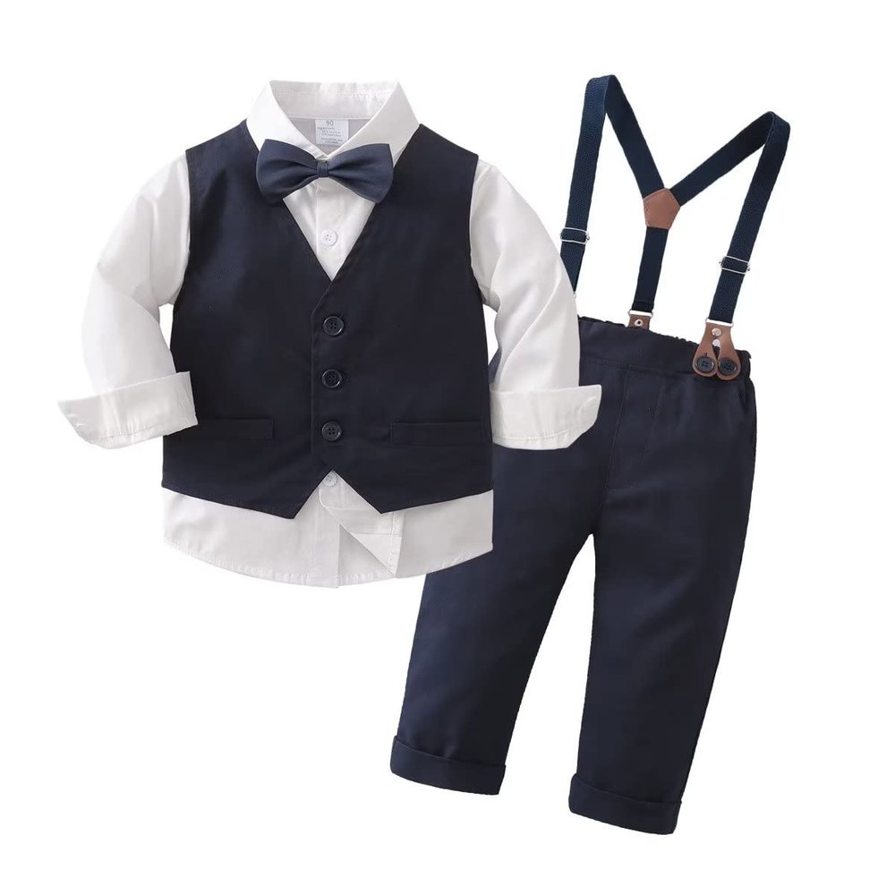 Tiepant Boys Long Sleeve Dress Shirt with Bowtie + Navy Blue Suspender Pants + Vest Gentleman Outfit for Toddler Blue 3-4T