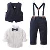 Tiepant Boys Long Sleeve Dress Shirt with Bowtie + Navy Blue Suspender Pants + Vest Gentleman Outfit for Toddler Blue 3-4T view 2