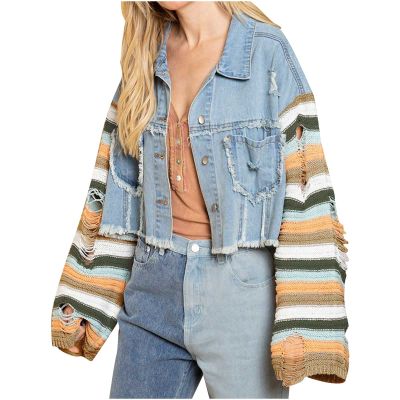 tuduoms Women's Casual Light Short Denim Jacket Fashion Striped Knit Sleeves Distressed Ripped Cropped Jean Jacket Coat Tops