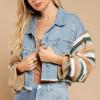 tuduoms Women's Casual Light Short Denim Jacket Fashion Striped Knit Sleeves Distressed Ripped Cropped Jean Jacket Coat Tops view 2