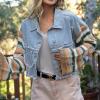 tuduoms Women's Casual Light Short Denim Jacket Fashion Striped Knit Sleeves Distressed Ripped Cropped Jean Jacket Coat Tops view 3