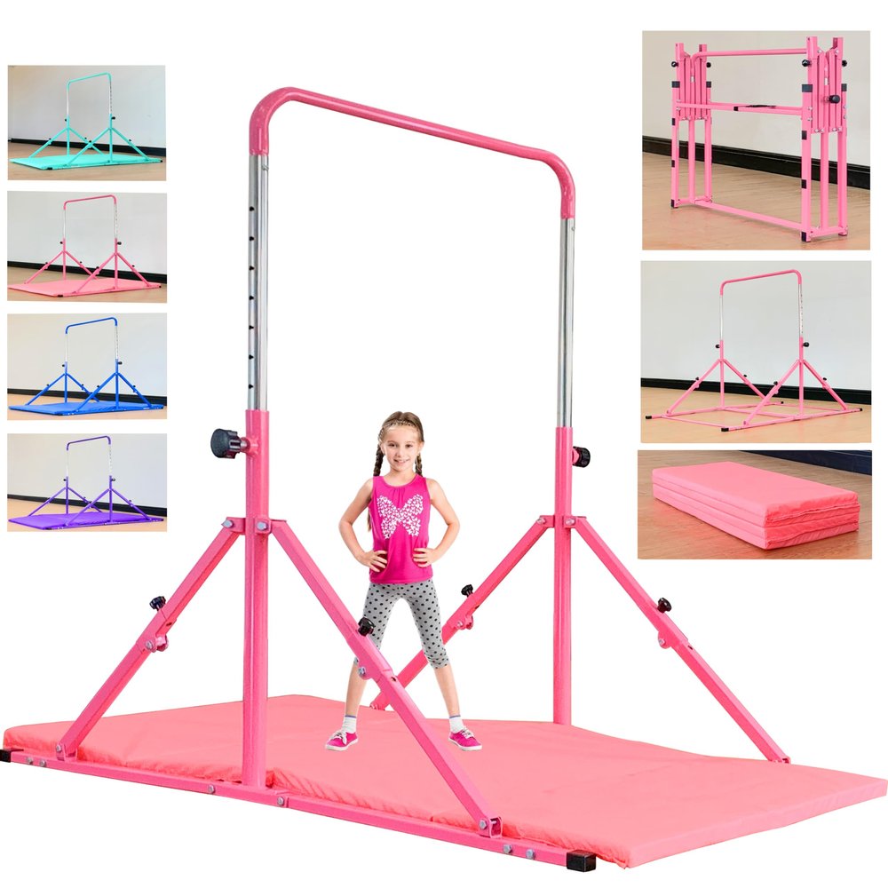 MARFULA Foldable Gymnastic Bar for Kids Ages 3-12, 9 Height Levels, 200 lbs Weight Capacity, 5 Ft Length Gymnastic Kip Bar with Mat, Gymnastic Equipment for Home and Gym Center Indoor Outdoor Use
