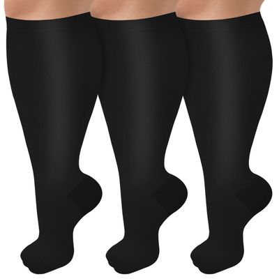 3 Pack Wide Calf Compression Socks for Women & Men, Plus Size Knee High Stockings for Circulation Support, Black 5XL
