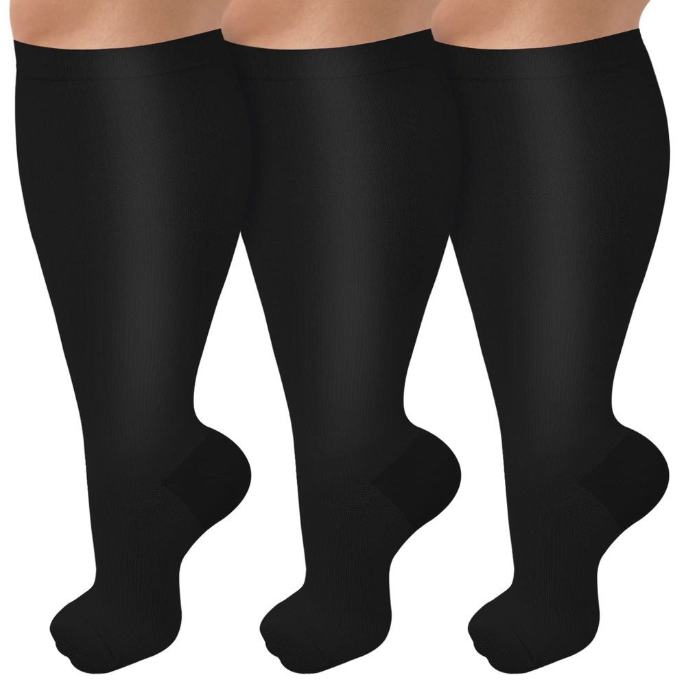 3 Pack Wide Calf Compression Socks for Women & Men, Plus Size Knee High Stockings for Circulation Support, Black 5XL