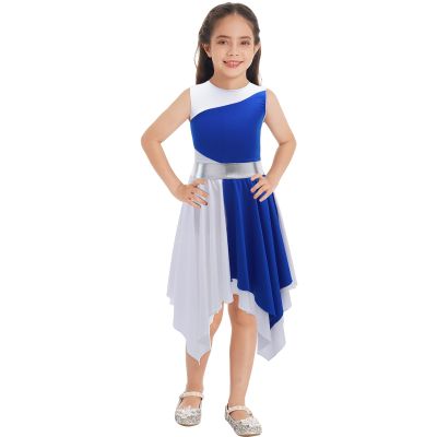 Linjinx Kids Girls Praise Lyrical Dance Dress Worship Liturgical Celebration Costume Church Robe Blue&White 6 Years