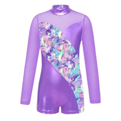 Huimingda Leotards for Girls Gymnastics Shiny Metallic Long Sleeve Dance Biketards Tumbling Bodysuit Light Purple 12 Years