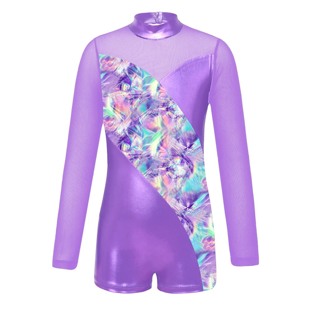 Huimingda Leotards for Girls Gymnastics Shiny Metallic Long Sleeve Dance Biketards Tumbling Bodysuit Light Purple 12 Years