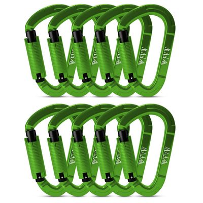 FVW Auto Locking Rock Climbing Carabiner Clips,UIAA Certified Professional 25KN (5620 lbs) Heavy Duty Caribeaners for Rappelling Swing Rescue & Gym etc, Large Carabiners, D-Shaped (Green), 10Pack