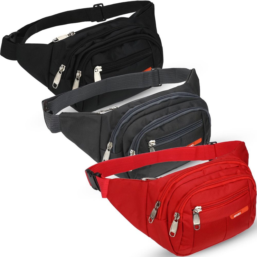 3 Pcs Fanny Packs Crossbody Waist Bags for Women Men Crossbody Waterproof Fanny Pack Belt Bag for Travel Walking Running Hiking Cycling Outdoor Easy Carry Any Phone, Wallet (Black, Red, Gray)