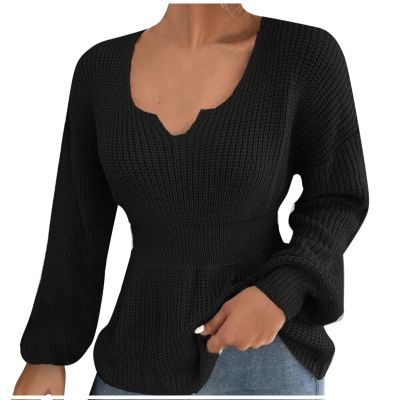 Fall Dresses, Crew Neck Tunic Women Warm Comfy Sweaters for Lightweight Open Cardigan Women's Fashion V-Neck Pullover Shirt Solid Color Long Sleeve Ruffle Waist Shirt Sweater Size (S, Black)