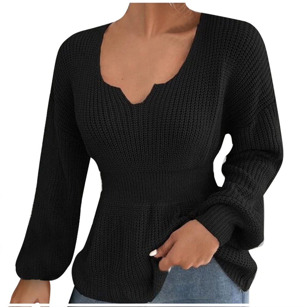 Fall Dresses, Crew Neck Tunic Women Warm Comfy Sweaters for Lightweight Open Cardigan Women's Fashion V-Neck Pullover Shirt Solid Color Long Sleeve Ruffle Waist Shirt Sweater Size (S, Black)