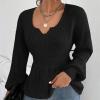 Fall Dresses, Crew Neck Tunic Women Warm Comfy Sweaters for Lightweight Open Cardigan Women's Fashion V-Neck Pullover Shirt Solid Color Long Sleeve Ruffle Waist Shirt Sweater Size (S, Black) view 2