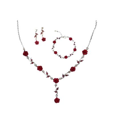 Fuqimanman2020 3pcs Red Rose Flower Pendant Y Necklace Dangle Earrings Bracelets Set for Women Bride Wedding Mothers Day Gifts Aesthetic Jewelry-3pcs