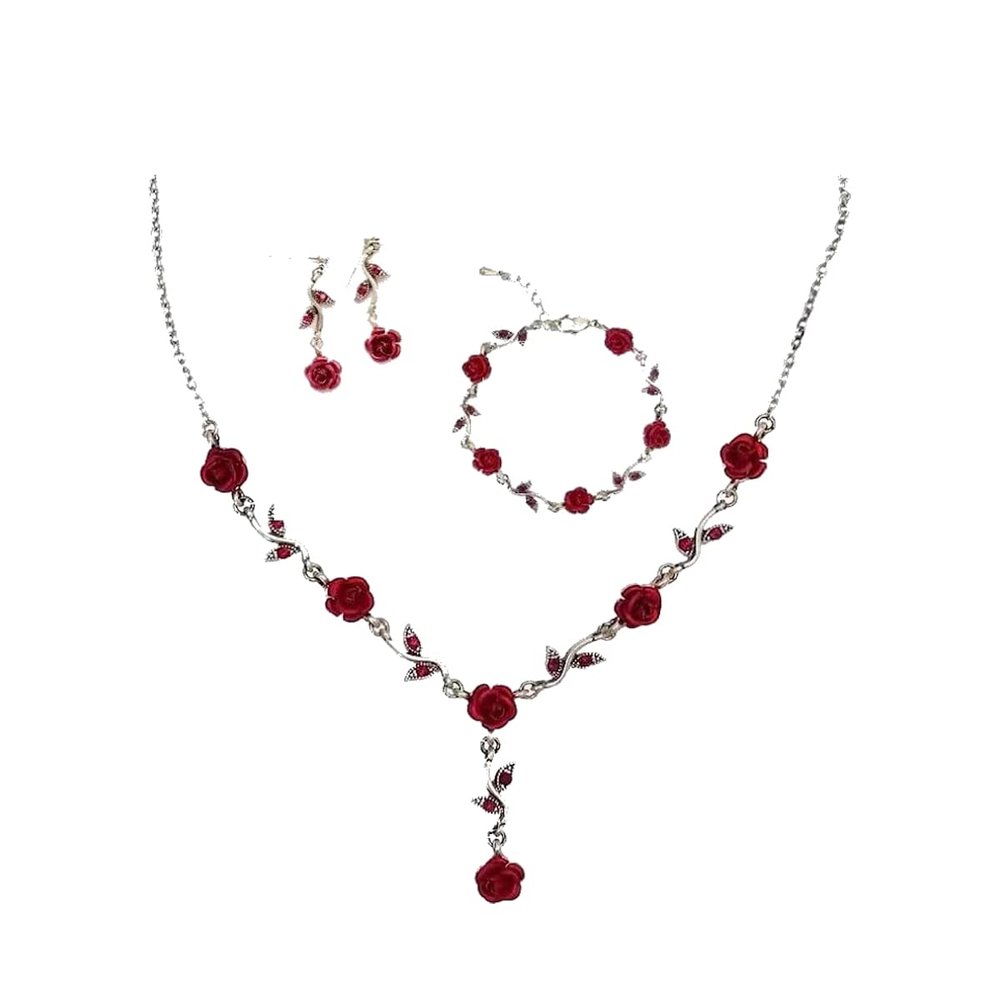 Fuqimanman2020 3pcs Red Rose Flower Pendant Y Necklace Dangle Earrings Bracelets Set for Women Bride Wedding Mothers Day Gifts Aesthetic Jewelry-3pcs