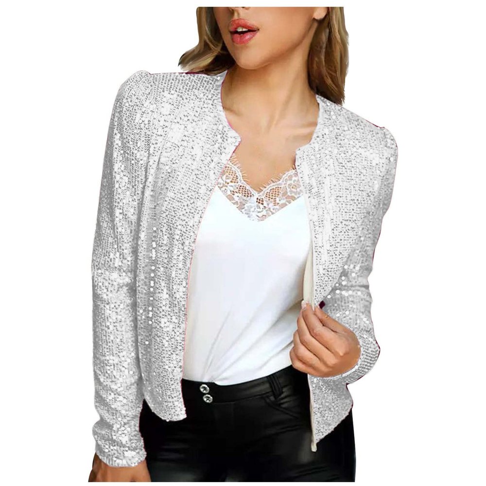 Womens Sequin Blazer Jacket Casual Long Sleeve Open Front Zip Up Sparkle Bomber Jackets for Evening Party