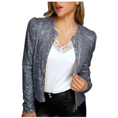 Womens Sequin Blazer Jacket Casual Long Sleeve Open Front Zip Up Sparkle Bomber Jackets for Evening Party