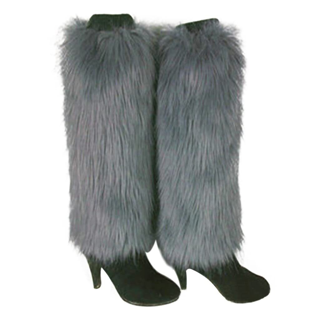 Altsuceser Women Winter Fashion Faux Furry Solid Color Soft Leg Warmers Boot Covers Grey 40cm