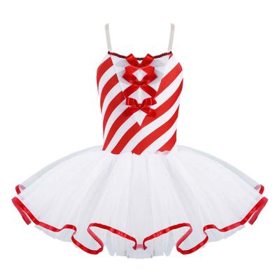 Aislor Girls Candy Cane Bowknot Mesh Ballet Tutu Dress Figure Ice Skating Leotard Dress Christmas Dancing Costume Red 6 Years