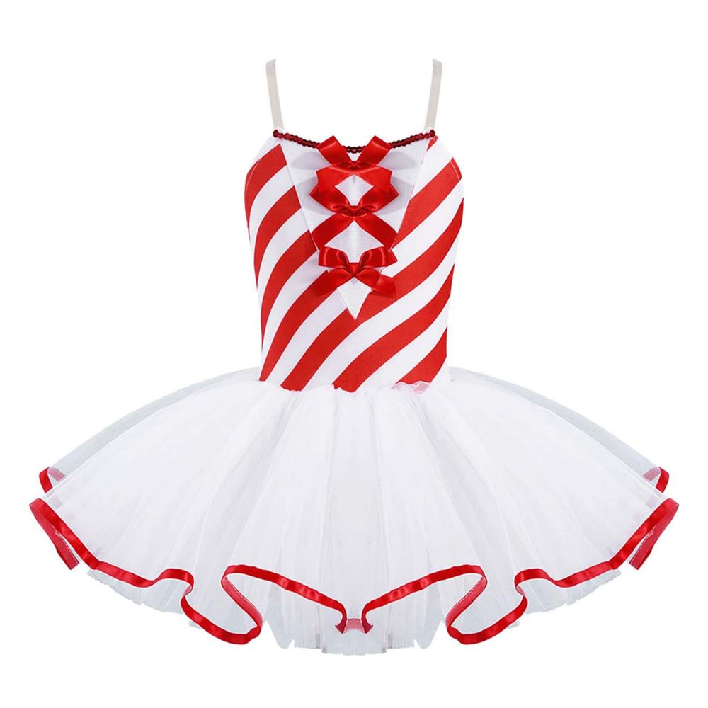 Aislor Girls Candy Cane Bowknot Mesh Ballet Tutu Dress Figure Ice Skating Leotard Dress Christmas Dancing Costume Red 6 Years