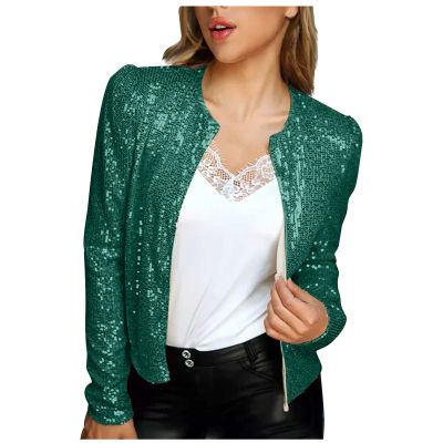 Womens Sequin Blazer Jacket Casual Long Sleeve Open Front Zip Up Sparkle Bomber Jackets for Evening Party