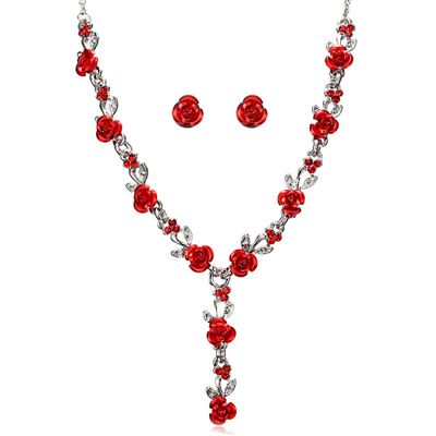 Fuqimanman2020 2pcs Red Rose Flower Pendant Y Necklace Dangle Earrings Set for Women Bride Wedding Mothers Day Gifts Aesthetic Jewelry-2pcs