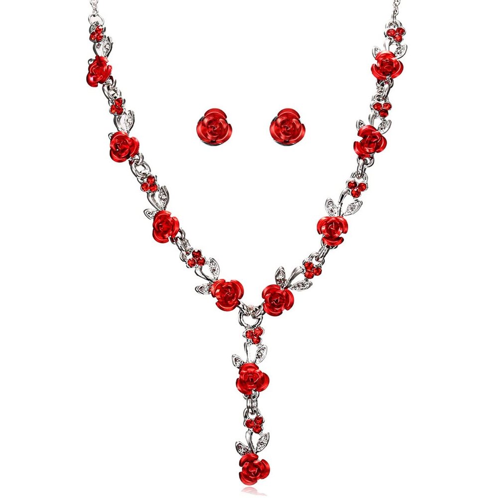 Fuqimanman2020 2pcs Red Rose Flower Pendant Y Necklace Dangle Earrings Set for Women Bride Wedding Mothers Day Gifts Aesthetic Jewelry-2pcs