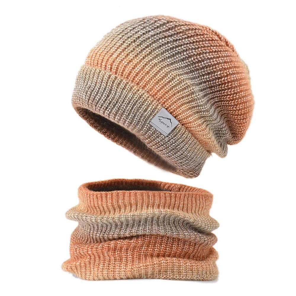 Autumn Winter Knitted Hat Scarf Set Ladies Leisure Style Gradient Color Thickened Windproof Beanie Warm Cap Neckerchief (E)